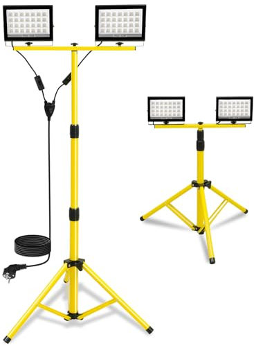 T-SUN Foco LED para Obras 2x60W Con Trípode Telescópico de Metal, 11000LM Trabajo Impermeable IP66, Rotación 360°, para Construcción, Garaje, Taller, Reparaciones, Jardines