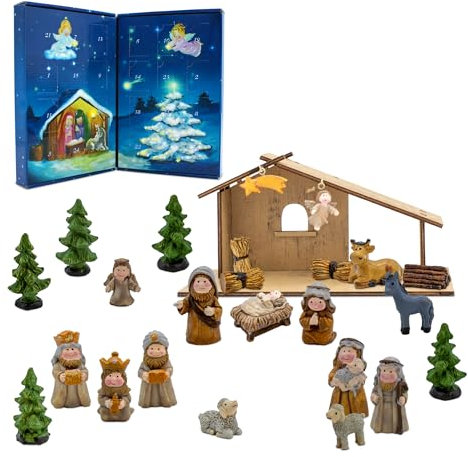 Spetebo Holz Weihnachts Krippenstall mit Kunststeinfiguren - 26 x 13 cm - Weihnachtskrippe Adventskalender mit 24 Figuren - Weihnachten Advent Winter Tisch Deko Krippe