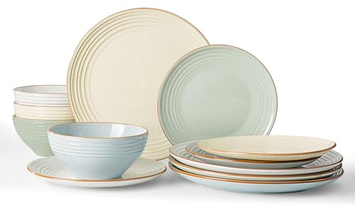 Richmount Jupiter Plates and Bowls Set, Reactive Glaze Dinner Set for 4, 12 Pieces Stoneware with Gold Rim, Scratch Resistant Dinnerware Service for 4, Microwave & Dishwasher Safe, Multi-Color