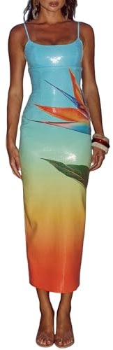 Owl's-Yard Women Sexy Maxi Dress Y2K Spaghetti Strap Floral Print Low Cut Backless Slim Fit Sequins Long Cocktail Dress (Blue, S)