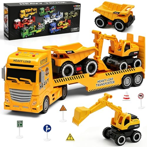 Joellfuner Byggfordon, barn, lastbil, leksaksset med grävmaskin och dumper, transportleksak, musik, ljus med kort, ingenjör, byggarbetsplatsfordon, avtagbar släpvagn, för barn från 3 år (gul)