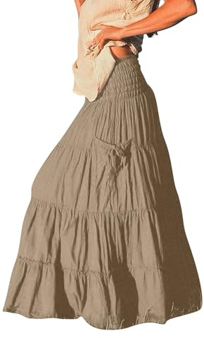 Linnekjolar för kvinnor UK – flytande kjolar för kvinnor UK – långkjol plus size boho maxikjol sommar enfärgad kjol kjol elastisk midja plus size boho-kläder, Khaki, S