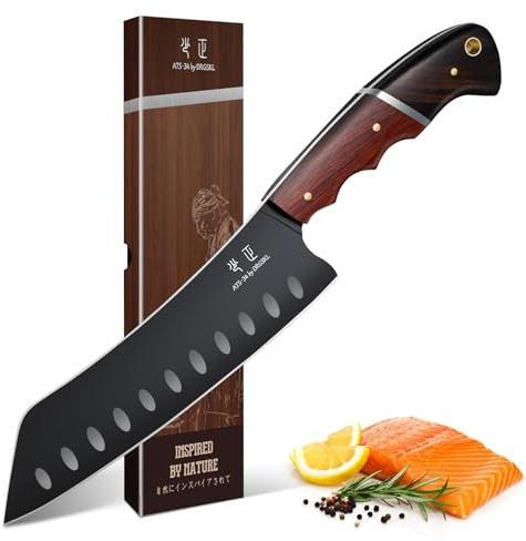 DRGSKL Santoku Knife 7 Inch - Japanese Chef Knife for Fish, Bunka Knife for Meat, Kiritsuke Knife for Vegetables, Black Slicing Knives with Full Tang Handle, Gift for Men Women