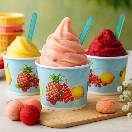 Copas de helado de papel desechable 200 unidades – Cubitos de 80 cc o 120 cc decorados coloridos o para niños – Para heladerías, fiestas, eventos, catering (200 piezas de 120 cc – Decoración de frutas
