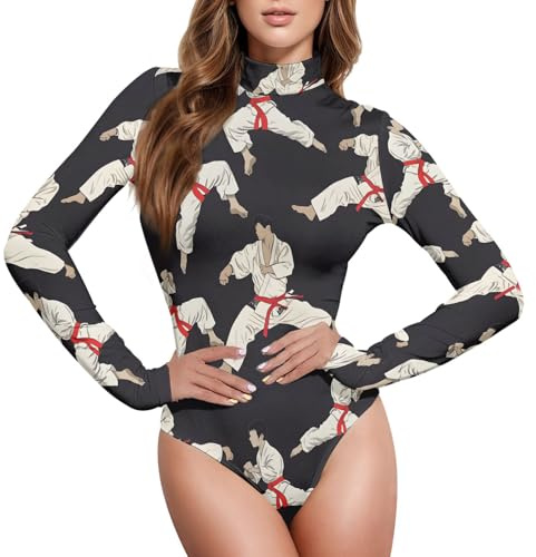 Women's Mock Turtle Neck Long Sleeve Bodysuit Karate Black Background Jumpsuit Tops L
