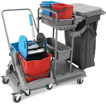 Hypafol Professioneller Putzwagen | Doppelfahrwagen mit Moppresse | 2×5 l & 2×18 l Eimer, Utensilienhalter, Abfalleimer | Für Gebäudereinigung, Hotels, Gastronomie & Praxen