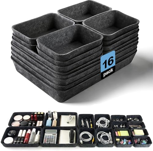 Pack de 16 Organizadores de Cajones de Fieltro – Organizadores de Fieltro, Divisores de Cajones para Calcetines, Ropa Interior, Cosmética, Oficina y Escritorio – Suaves, Silenciosos