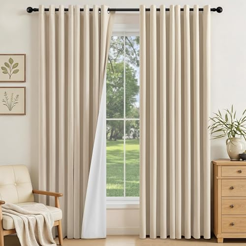 Best Baisite Blackout Curtains for Bedroom Living Room 84 Inch Drop Beige | 2 Panels Eyelet Thermal Sun Blocking Soundproof Natural Linen Cream Curtains with Coating Back Window Treatments 52W x 84L