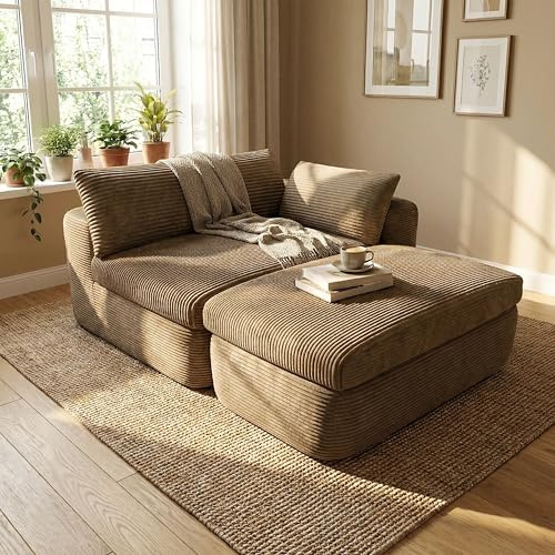 POEM PANDA Modular Sectional Couch,Camel Corduroy Sofa,Right Seater 85 l Shaped Couches for Living Room Bedroom,Boneless Couch in A Box,No Assembly Required.