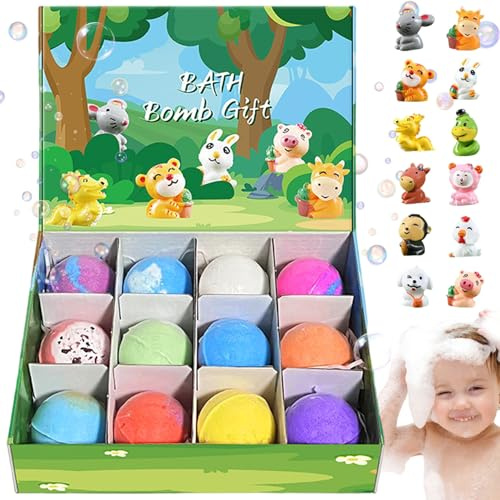 Juego de 12 bombas de baño con juguetes en el interior, bombas de baño de 2 pulgadas con lindos juguetes de animales, suministros de de burbujas coloridas y gaseosas seguras para niños, verde