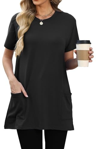 Famulily Women's Short Sleeve Long Tunic Tops Crew Neck Baggy Blouses Summer Casual Oversized T-Shirts Black XXL