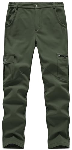 BGOWATU Women's Winter Hiking Pants Fleece Lined Waterproof Windproof Snow Insulated Pants with 6 Pockets Army Green XXL