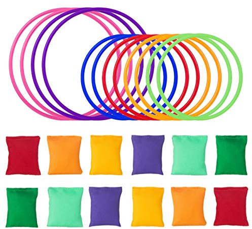 LEMESO Pack de Juegos de Lanzamiento con 12 Sacos de Arena + 12 Juguetes Anillo Lanzamiento Círculo de Colores, Juego en casa o afuera para Niños, Juegos Deportivos