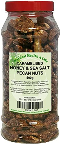 Natural Health 4 Life Snack Nut Caramelised Honey Salted Pecan Nuts 500 g in Recyclable Gift Jar with Screw Lid (1 Jar)