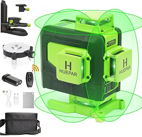 Huepar 4x360 Green Beam Laser Level - Self-Leveling 16 Line 4D Cross Tiling Floor Laser - Horizontal & Vertical Lines, Magnetic Bracket, Li-ion Battery & Adjustable Base