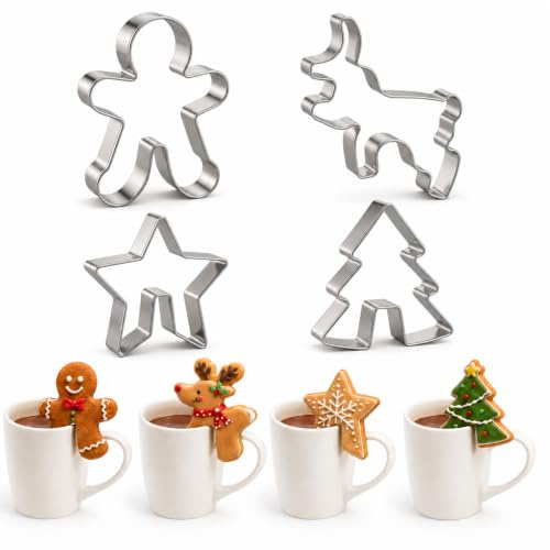 Crethinkaty 4 Pcs Christmas Stainless Steel Hanging Cup Cookie Cutter Over the Edge Mug Rim Biscuit Mould DIY Cake Decoration