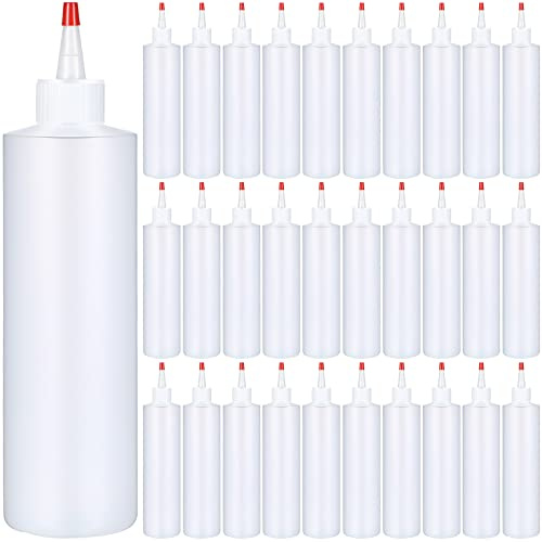 Irenare 30 Pack Plastic Condiment Squeeze Bottles for Sauces Empty Squirt Bottle with Top Cap for Condiment BBQ, Dressing, Paint, Workshop, Crafts(Red,16 oz)