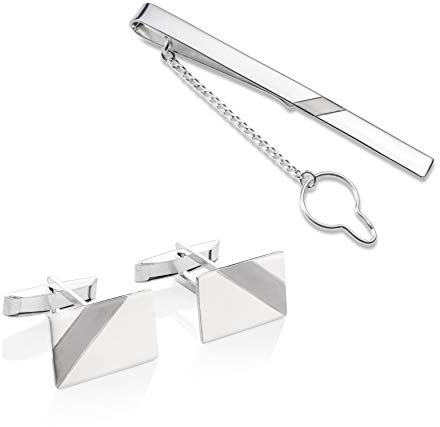 Juego De Gemelos Y Pinza De Corbata De Plata Para Hombre Con Caja De Regalo