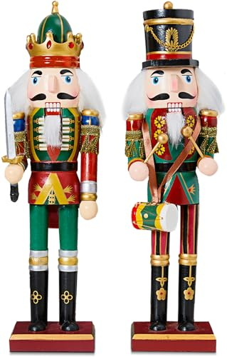 REDSTAR 2pc Christmas Nutcracker Soldier 30cm Wooden Nutcracker Christmas Decorations for Fireplace - 2 Pack Wooden Figures Indoor - Xmas (Green)