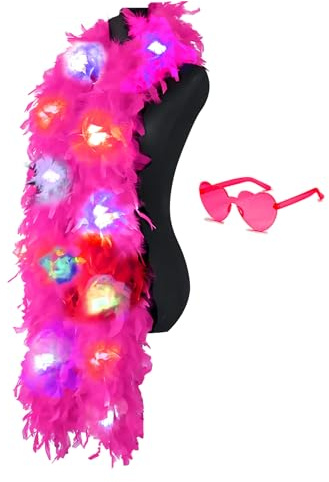 JIANGLAI Colorful Feather Boas, 6.6ft Boa with 20 Color LED Lights for Women for Dancing Wedding Party Halloween, with Heart Sunglasses (Hot Pink)