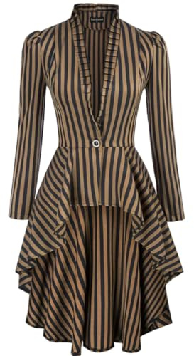 CAMDOM Women's Steampunk Long Striped Jacket Renaissance Victorian Gothic Blazer Jacket Coat Khaki
