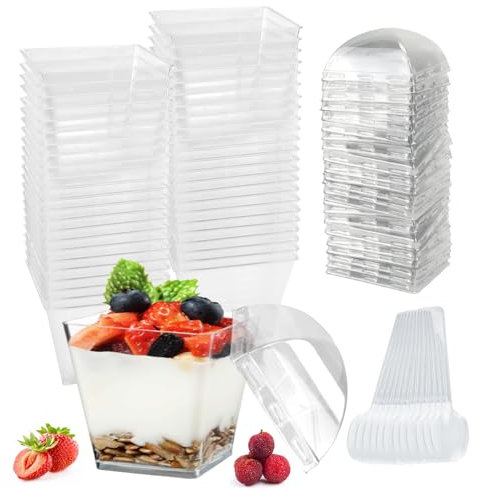SLTAXAR 50 Stück Desserttassen mit Deckel und Löfeln 120ml/4oz Dessertgläser Plastik Wiederverwendbar Quadratischer Dessertbechern Set Klar Dessertgläser Desert Becher für Mousse Pudding DIY Desserts