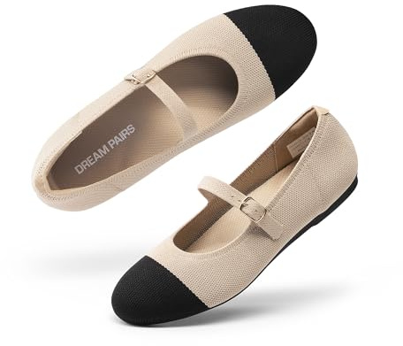 DREAM PAIRS Women's Mary Jane Ballet Flat Shoes Dressy Foldable Knit Flats with Arch Support Comfortable for Casual Work Office,Size 9,Nude/Black,DWUMFA2519