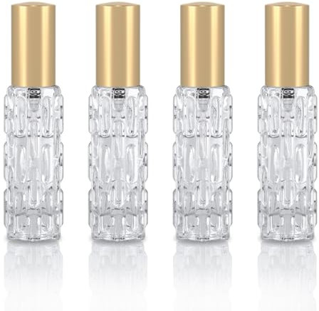 YoHyien 4 Pcs Travel Perfume Atomiser Refillable 10ml, Glass Perfume Travel Bottle, Portable Aftershave Atomiser Spray Bottle, Mini Fragrance Decanter for Handbag, Pocket, and Purse (Gold)