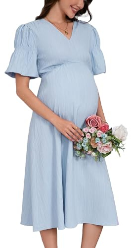 YesFashion Vestido de maternidad para mujer, de verano, elegante, con cuello de pico, vestido largo de lactancia, cintura alta, informal, vestido de maternidad con mangas de farol (embalaje múltiple
