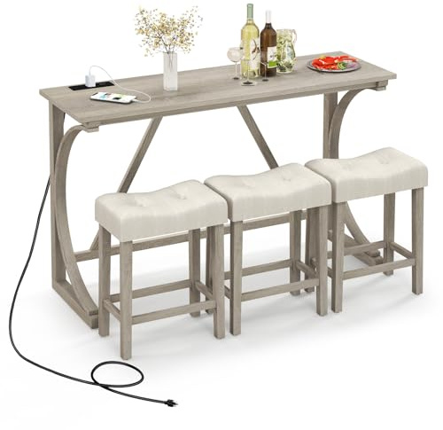 RELAX4LIFE Set di Tavolo e 3 Sgabelli da Bar, Tavolo da Pranzo in Legno di Gomma con Stazione di Ricarica Integrata, Stile Fattoria, Set di Tavolo da Pranzo, 150x48x92cm