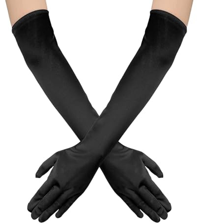 Gants Longs Femme,Gants Noir Halloween,Long Gant Noir/Rouge/Blanc/Chair Deguisement Danse Party Costume Satin Gloves Robe de Soiree Femme Mariage Accessoires 1920s Classiques pour Soirée d'opéra Dance