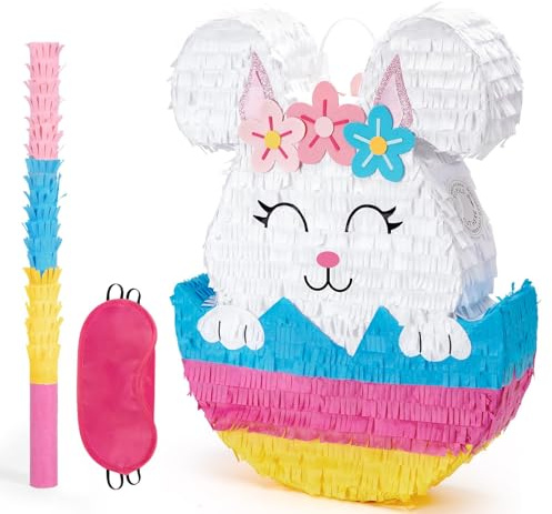 WERNNSAI Easter Bunny Egg Pinata Easter Rabbit Pinata Cute Bunny Pinata | Colorful Party Decoration Celebration Festive Fun Activities Spring Party Supplies with Blindfold and Stick