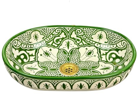 Brassatelier Handmade Moroccan Ceramic Vessel Sink - Oval Green & White Hand-Painted Countertop Washbasin for Bathroom Vanity - Boho Mediterranean Style (38x29cm = 15x11.5in)