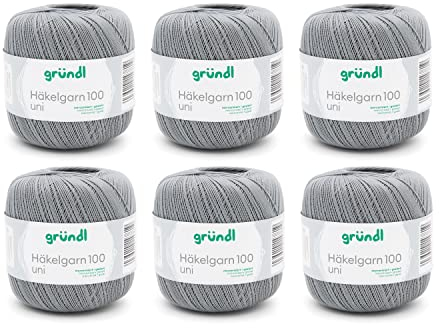 Gründl Wolle Häkelngarn 100 - dünne sommerliche Wolle zum Häkeln - Glänzend und waschbar - Baumwollgarn - 100 % Baumwolle - 6 Knäuel 100 g / 566 m - Nadelstärke 1,5 - 2, hellgrau