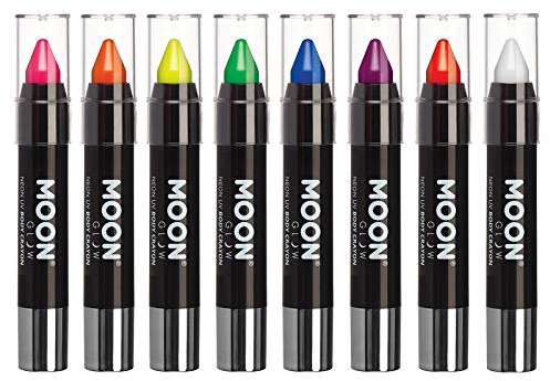 Moon Glow Barra de pintura facial UV de neón/crayón corporal, maquillaje para rostro y cuerpo: brilla intensamente bajo iluminación UV8 Unidades (Paquete de 1)
