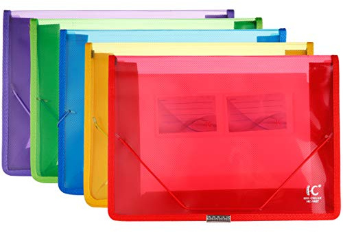 Eco-Friendly Plastic File Folders, Expanding Poly File Wallet, Transparent Expandable Envelope Organizer Document Folder with Elastic Band and Button Closure, with Small Two Pockets, 5 Colors