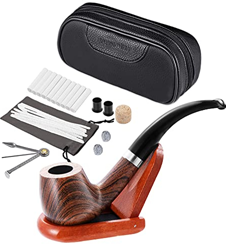 Joyoldelf Tobacco Smoking Pipe with Leather Smoking Pipe Pouch, Pear Wood Handmade Tobacco Pipe with Pipe Stand, Scraper, Filter, Metal Ball and Other Pipe Accessories
