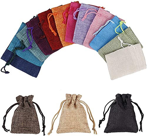 LATRAT Saquitos de yute de algodón con cordón, 10 x 15 cm, bolsas de tela para rellenar, bolsas de lino para calendario de Adviento, joyas, regalos para invitados y manualidades, color aleatorio