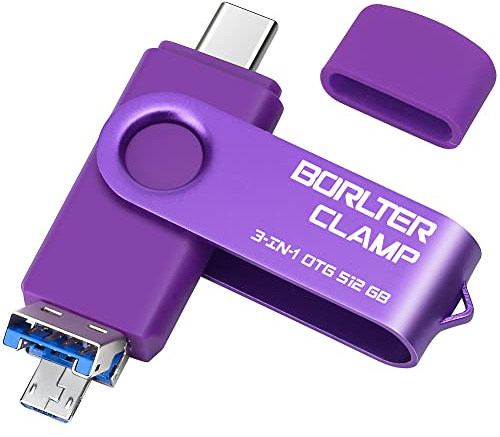 512GB 3 in 1 USB 3.0 Flash Drive Photo Stick for Android Phones, BorlterClamp OTG Memory Stick with 3 USB Ports (USB C, microUSB, USB A) for Samsung Galaxy, LG, Tablets, PC and More, Purple