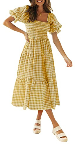 ZESICA Women's 2026 Bohemian Summer Plaid Square Neck Puff Sleeve Ruffle Flowy Beach Midi Dress Ginger X-Large
