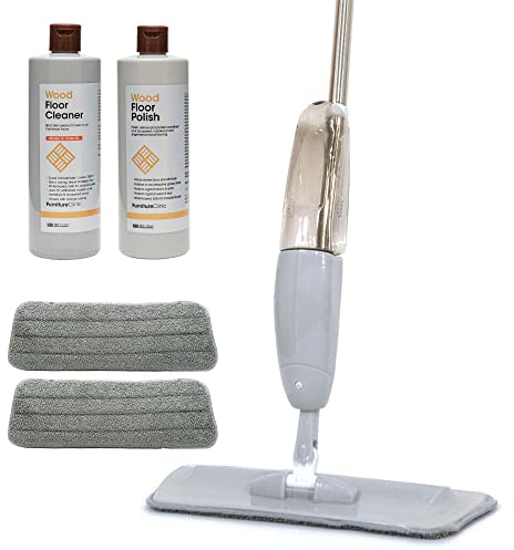 Wood Floor Clean & Polish Kit - 500ml Cleaner, 500ml Polish & Microfibre Spray Mop with 2 Replacement Pads.