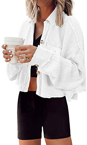 Panadila Womens Waffle Knit Jacket Cropped Cardigan, White, S