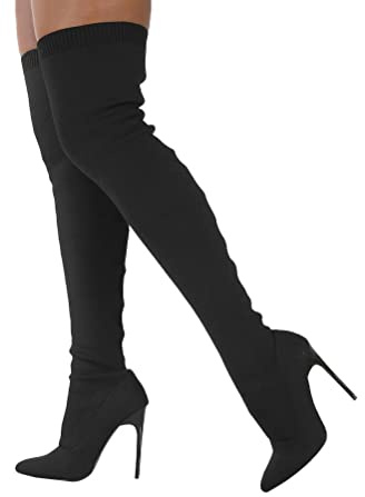 ticticlily Femmes Bottes Couleur Unie Stretch Tricot Mince Talons Hauts Mode Bottes Courtes Bottines pour Femmes Sexy A Noir 42 EU