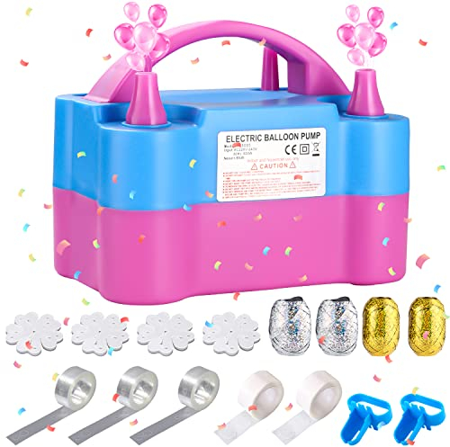 Birshe Elektrische Ballonpumpe, Luftballonpumpe 600W Aufblasgerät Doppeldüse mit Automatik und Halbautomatisch Modi, Zubehör einschließlich Ballonknoten Ballonkette Band für Party Hochzeit Geburtstag
