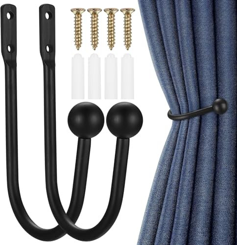 XxinXrongMetal Curtain Holdbacks, 2 Pcs Curtain Drapery Holdbacks, Curtain Tieback Hooks, Wall Mounted Window Curtain Holder Hooks, Drapery Holdbacks for Fixed Curtain or Hanging Items (black)