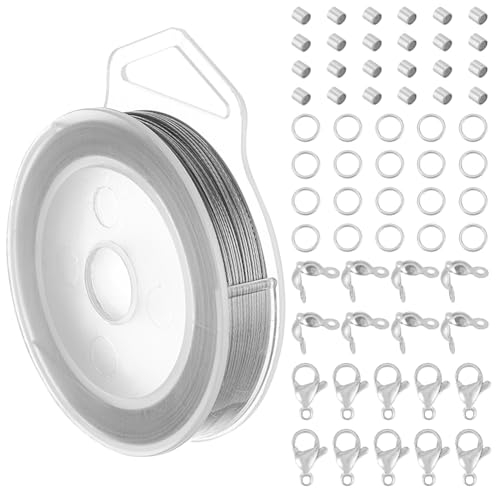 BENECREAT 40m 0.6 mm 7-Strängiger Edelstahl Schmuckdraht Mit 200 Biegeringen, 200 Stück Quetschperlen, 100 Stück Perlenspitzen Und 30 Stück Karabinerverschlüsse Für Die Schmuckherstellung