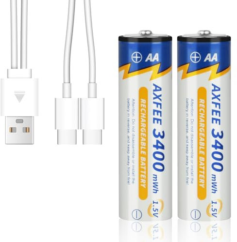 AXFEE Pilas Recargables AA, Pilas AA Recargables de Alta Capacidad, Recargables, Paquete de 2, 3400mWh Pilas AA Recargables de Litio de 1,5 V más de 1500 ciclos(con 1 * 2 en 1 Cable de Carga USB)