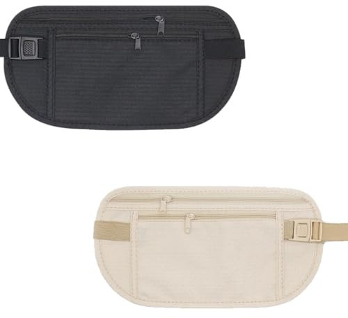 EOYVAIL Ceintures de voyage,Sac banane de voyage antivol, ceinture porte-monnaie invisible, sac banane de sport, ceinture réglable, universelle pour hommes et femmes (2 pièces, noir/kaki)