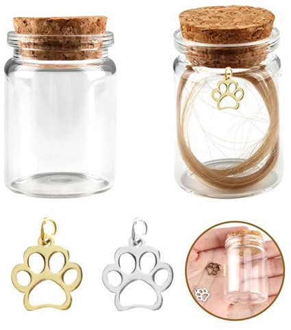 2 Pcs Pet Hair Memorial Bottle with 2 Pcs Pawprint Charm, Pet Fur Preserve Precious Memories Glass Keepsake Bottle with Cork, Dog Paw Pendant Vial for Ashes Or Hair Dog Or Cat Keepsake Pet Loss Gift