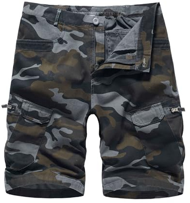Misfuso Short Bermuda Homme en Coton, Short Cargo Homme Camouflage de Plusieurs Poches Taille Élastique Noir Camouflage XL